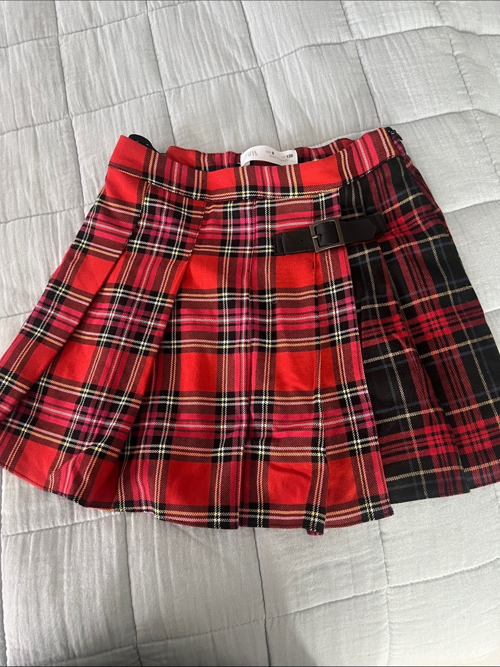 Zara Red and Black Plaid Pleated Mini Skirt with Buckle Detail